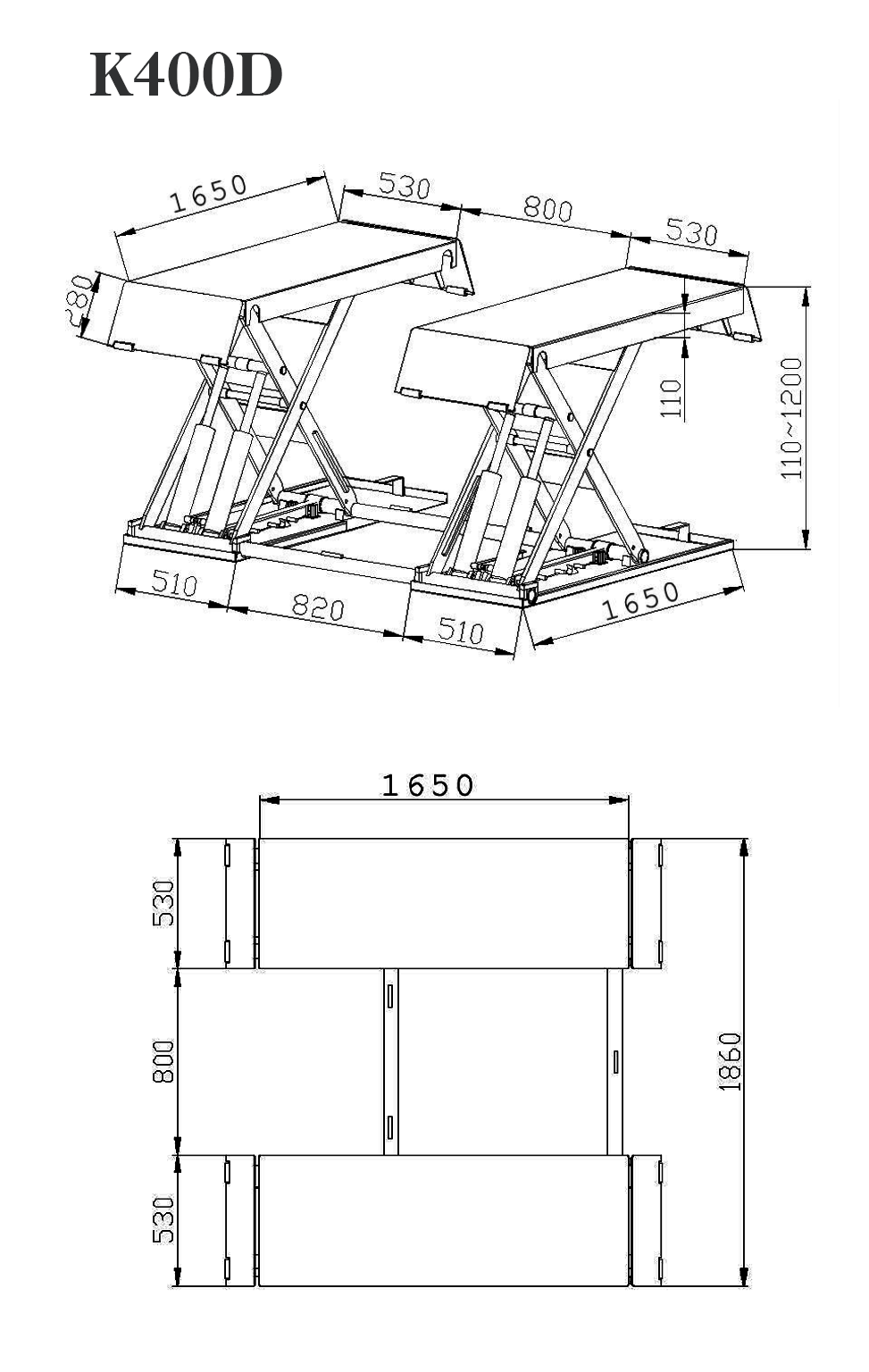 kích thước cầu nâng kiểu cắt kéo k400d